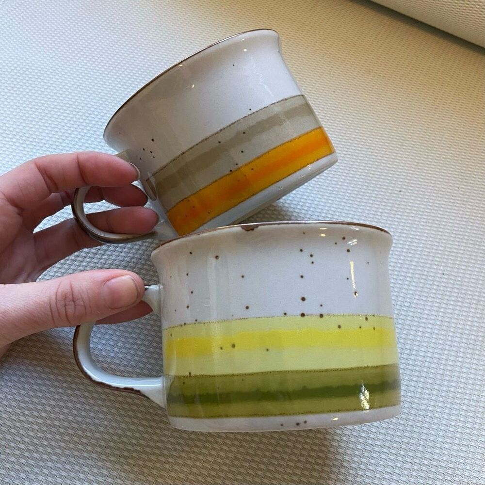 Pair of Vintage 70s Lunch Mates Sunset and Sunrise Stoneware Soup Mugs